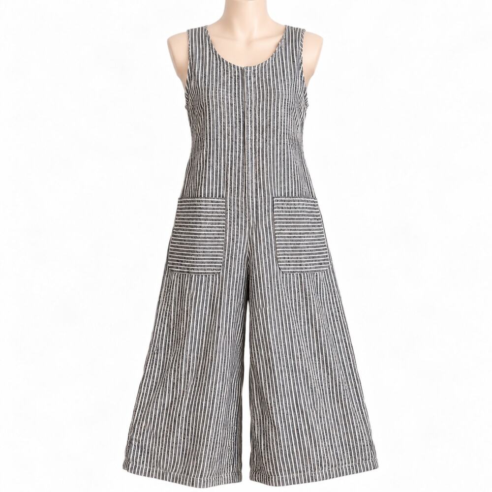 Max Studio Blue White Striped Wide Leg Jumpsuit Women's Small Pockets